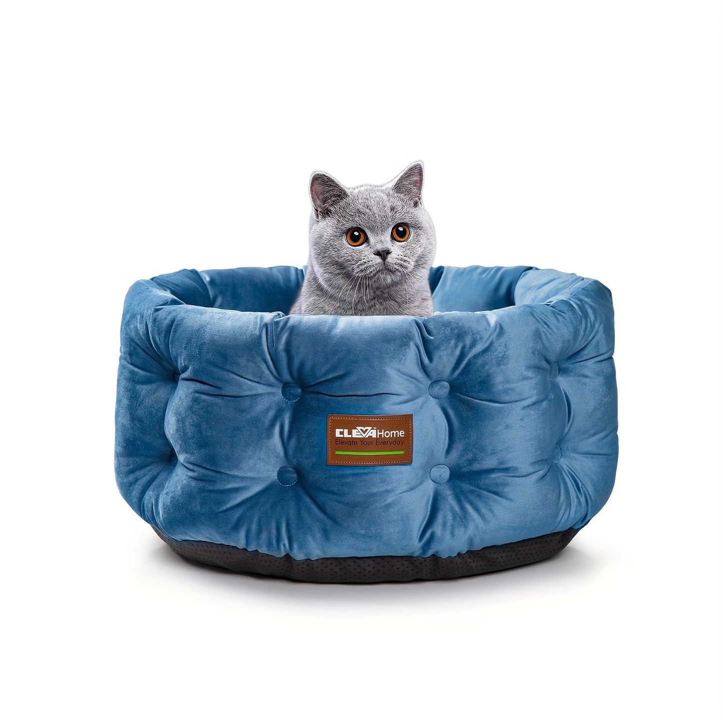 Cat Bed Round Deep Nest for Indoor Cats up to 15lbs, Luxurious Velvet Feel Extra High Sides, Machine Washable Non-Slip Bottom, Cozy Donut Cat Bed 20x20 in Steel Blue & Warm Beige