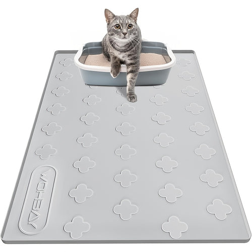 Cat Litter Mat XXL Silicone 34x22 Inch - 3-in-1 Waterproof Non-Slip Litter Trapping Mat with Raised Edges Easy Clean Foldable Pet Feeding Floor Protector