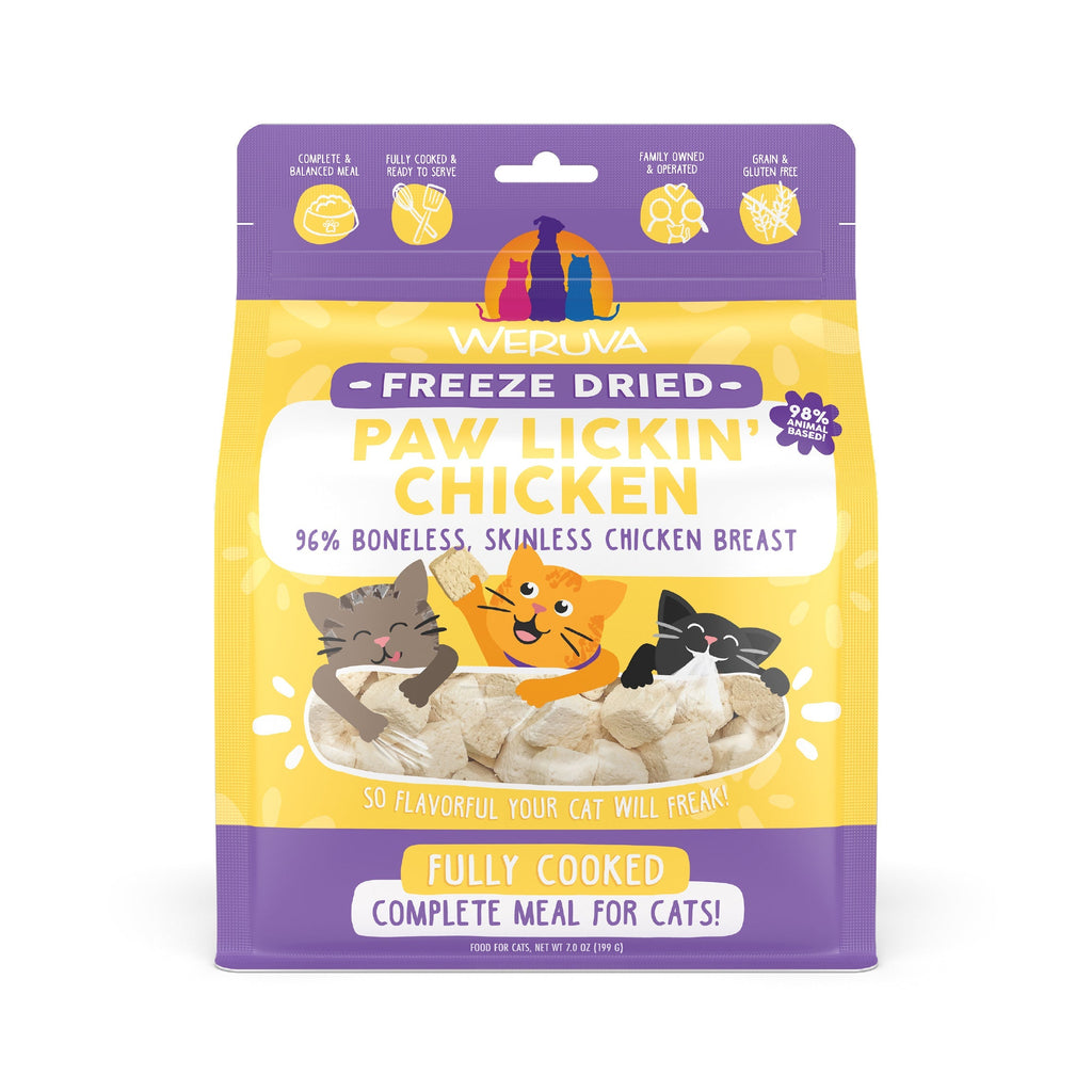 A bag of Weruva Paw Lickin' Chicken Freeze Dried shows illustrated cats and chicken pieces, highlights 96% boneless, skinless chicken breast, and is perfect as gently cooked or freeze dried cat food for a complete meal.