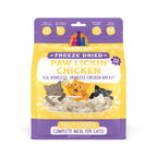 A bag of Weruva Paw Lickin' Chicken Freeze Dried shows illustrated cats and chicken pieces, highlights 96% boneless, skinless chicken breast, and is perfect as gently cooked or freeze dried cat food for a complete meal.