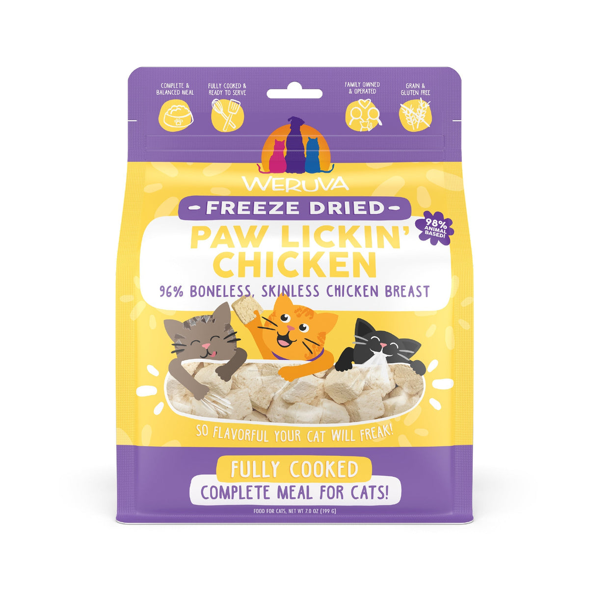 A bag of Weruva Paw Lickin' Chicken Freeze Dried shows illustrated cats and chicken pieces, highlights 96% boneless, skinless chicken breast, and is perfect as gently cooked or freeze dried cat food for a complete meal.