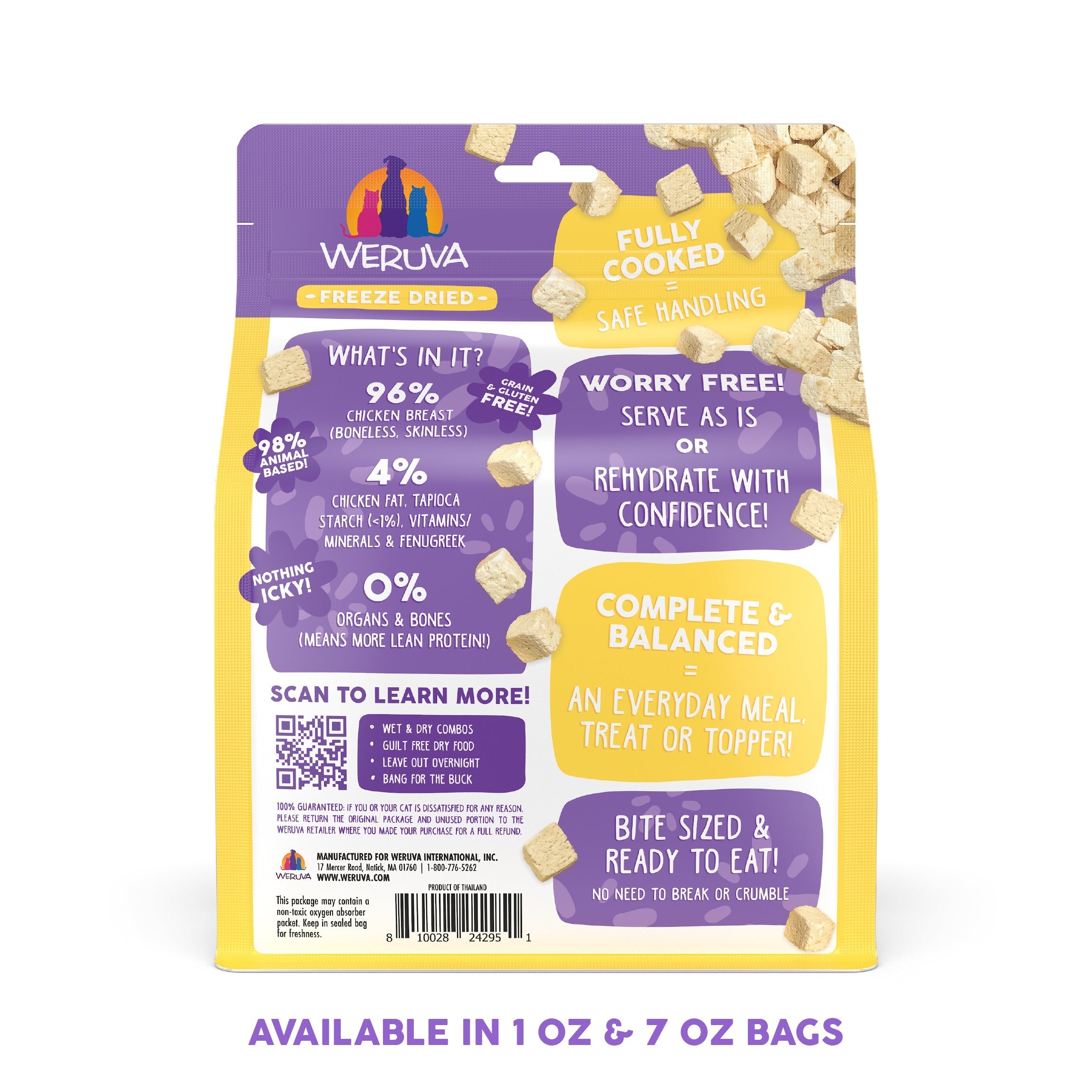 Back view of Weruva Paw Lickin' Chicken Freeze Dried bag. Text notes fully cooked, bite-sized treats made with 96% chicken breast—great for high-quality cat food. Purple and yellow bag displays treat pieces.