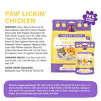 The image shows Weruva Paw Lickin' Chicken Freeze Dried cat food packaging, featuring chicken breast, 98% animal-based content, "complete meal for cats," and details on ingredients, calories, and feeding instructions.