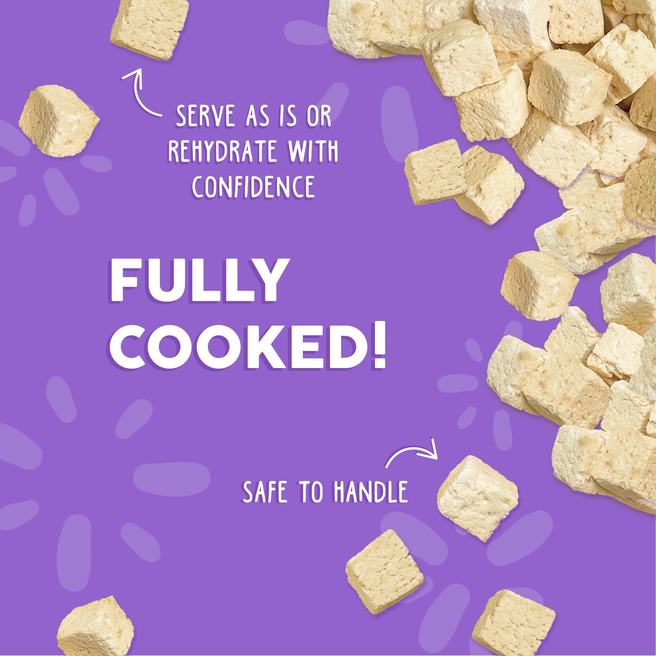 Scattered on a purple background: Weruva Paw Lickin' Chicken Freeze Dried—fully cooked chicken breast cat food you can serve as is or rehydrate, safe and ready to handle.