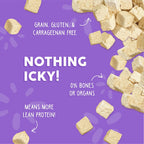 Cubes of beige Weruva Paw Lickin' Chicken Freeze Dried cat food on a purple background with text: Grain, gluten & carrageenan free, nothing icky, 0% bones or organs, more lean protein!.