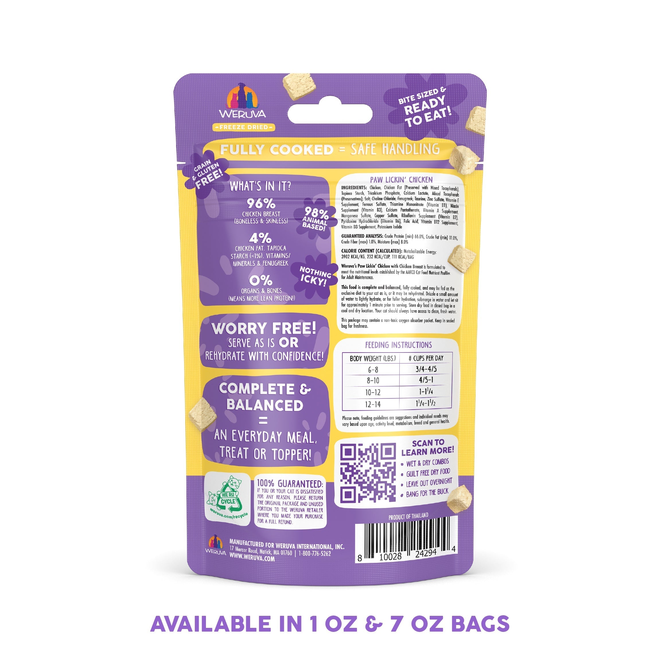 Back of a purple and yellow Weruva Paw Lickin' Chicken Freeze Dried cat food bag showing product info, feeding guidelines, nutrition facts, barcode, QR code, and text noting it's fully cooked chicken breast in 1 oz & 7 oz sizes.