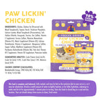 A package and small pouch of Weruva Paw Lickin' Chicken Freeze Dried cat food are displayed, showing product details, ingredients, and nutrition info on white and yellow packaging.