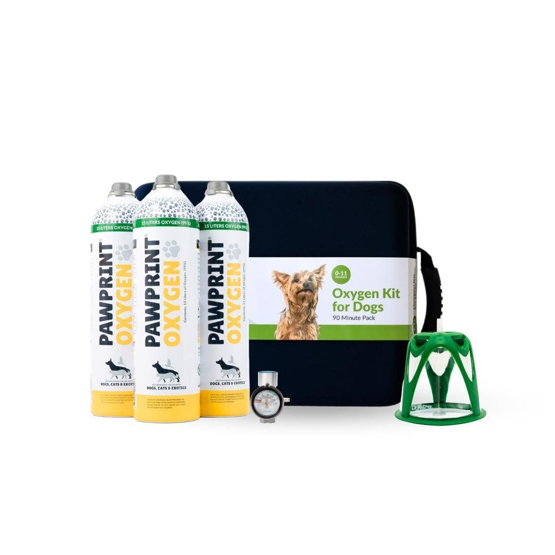 Pawprint Oxygen kit for dogs with oxygen canisters, carrying case, and accessories on a white background. For dogs 0-11lbs.