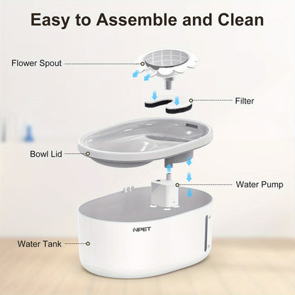 Automatic Pet Water Fountain 2L / 67oz - Ultra-Quiet Pump, Visible Water Level Window, Cat & Dog Water Dispenser, Safe BPA-Free Design, Filter Included, No Battery Required, PETNC010GW