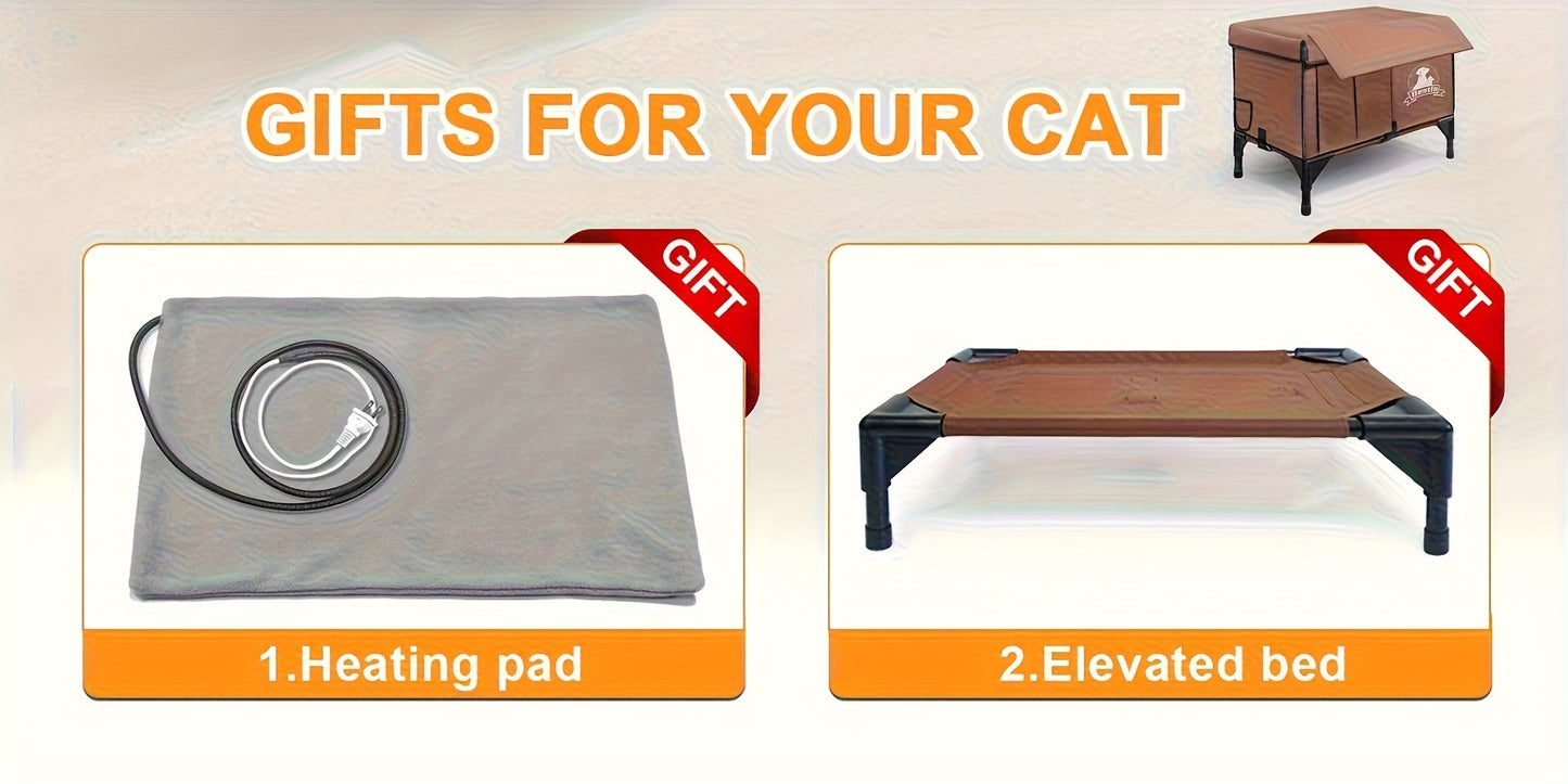 Heated Cat House 3-in-1 with Removable Warming Pad, Elevated Cat Bed for Indoor & Outdoor Cats, Chew-Resistant Cord, Double Door Cat Cave, All-Season Cat Shelter & Condo