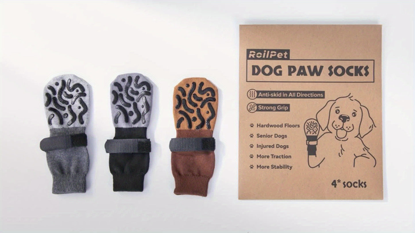 Non-Slip Dog Socks Double-Sided Grip Paw Protector with Adjustable Straps – Anti-Lick Dog Booties for Hardwood Floors, Senior Dogs & Injury Recovery, Sizes XS to L, Set of 4