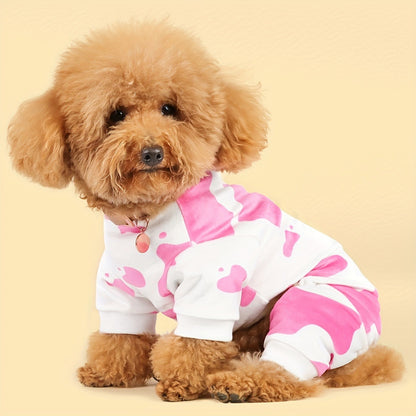 Dog Pajamas Cow Print Soft Knit Pullover Sleepwear for Small Medium Dogs, 100% Polyester Milk Swirl Texture Pet Onesie Loungewear for Year-Round Comfort, Sizes XS S M L XL XXL 3XL 4XL, White