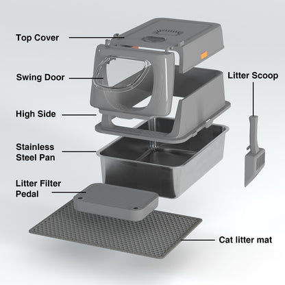 Extra Large Enclosed Cat Litter Box - Stainless Steel with Front Flap Door, Foldable Anti-Splash Fully Covered Design, Superior Odor Control Indoor Cat Toilet, 3 Colors, CITYLIFE Oversized