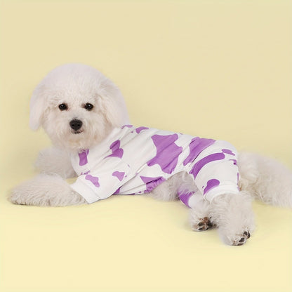 Dog Pajamas Cow Print Soft Knit Pullover Sleepwear for Small Medium Dogs, 100% Polyester Milk Swirl Texture Pet Onesie Loungewear for Year-Round Comfort, Sizes XS S M L XL XXL 3XL 4XL, White
