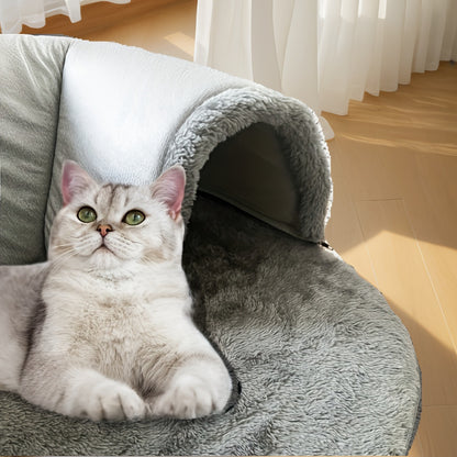 Cat Tunnel Bed 3-in-1 Play Mat & Warm Nest with Non-Slip Base, Durable Chew-Resistant Polyester Cat Bed for Indoor Cats, Soft Gray White Design, S & M Sizes for Cats Rabbits Hamsters