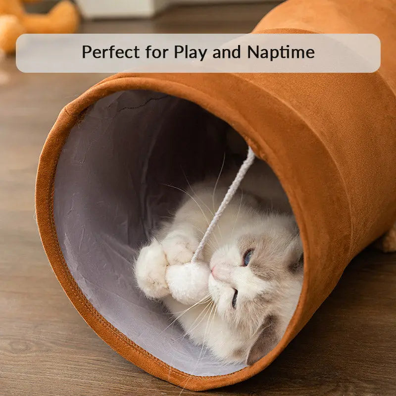 Cat Tunnel Toy for Curious Cats, Foldable Play Tunnel with Peephole and Hanging Plush Ball for Daily Play