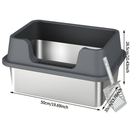 Stainless Steel Cat Litter Box with Scoop - High-Wall Semi-Enclosed Design, Non-Stick Easy Clean Surface, Anti-Leakage Odor Control, 2 Sizes for Kittens & Multiple Cats, Modern Metal Pet Toilet