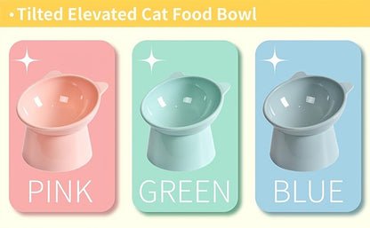 Cat Ear Shaped Raised Cat Bowls Set of 3 - Elevated Feeder Anti-Slip Base Neck Comfort Design, Pink Green Blue Feeding Dish for Cats & Small Pets
