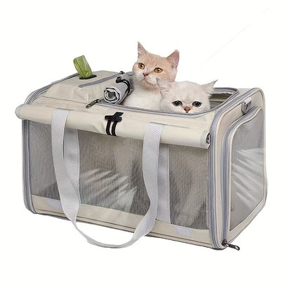 Airline Approved Pet Carrier Soft Sided Collapsible for Cats & Small Dogs - Breathable Oxford Cloth Travel Bag with Zipper Closure, Privacy Cover & Combo Set with Collar Leash Harness, Blue Pink Grey Green Beige