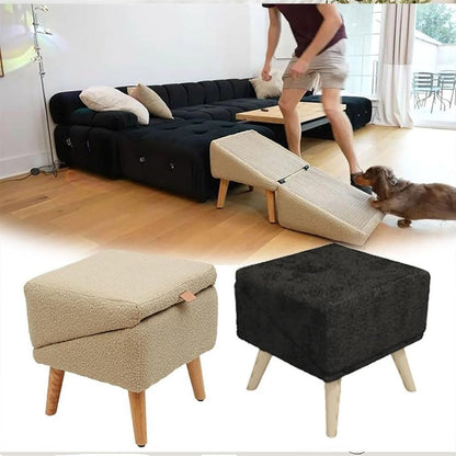 Dog Ramp 2-in-1 Foldable Ottoman Pet Stairs for Sofa Bed, Solid Wood Frame Heavy-Duty Small Dog Steps with Anti-Scratch Rounded Edges, Space-Saving Folding Pet Ramp Footrest, Black & Khaki