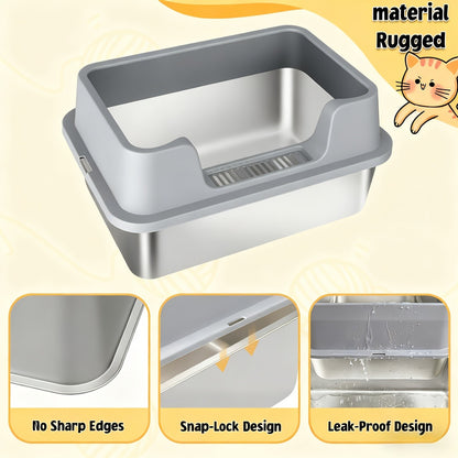 Stainless Steel Cat Litter Box with Scoop - High-Wall Semi-Enclosed Design, Non-Stick Easy Clean Surface, Anti-Leakage Odor Control, 2 Sizes for Kittens & Multiple Cats, Modern Metal Pet Toilet