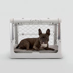 A dog laying in an Ash Revol dog crate pictured from the side with the side door open
