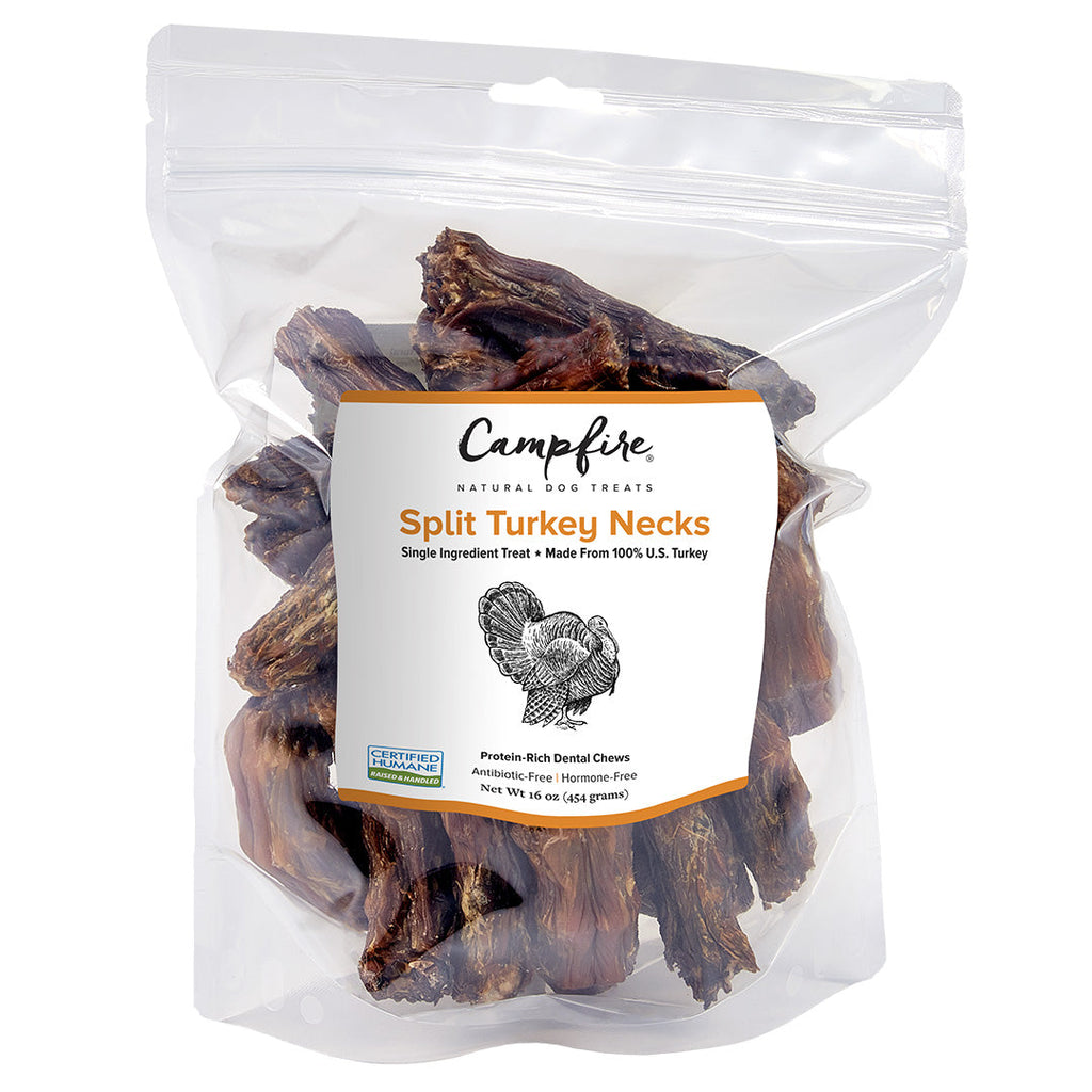 A 16oz bag with Campfire Treats turkey neck chews for dogs. The product label indicates that the product is farm animal welfare certified by Certified Humane.