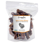 A 16oz bag with Campfire Treats turkey neck chews for dogs. The product label indicates that the product is farm animal welfare certified by Certified Humane.