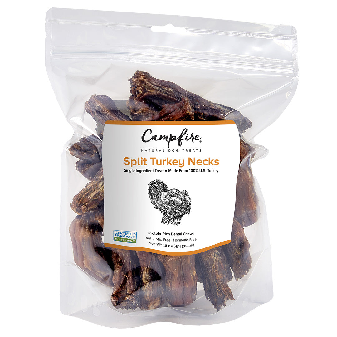 A 16oz bag with Campfire Treats turkey neck chews for dogs. The product label indicates that the product is farm animal welfare certified by Certified Humane.