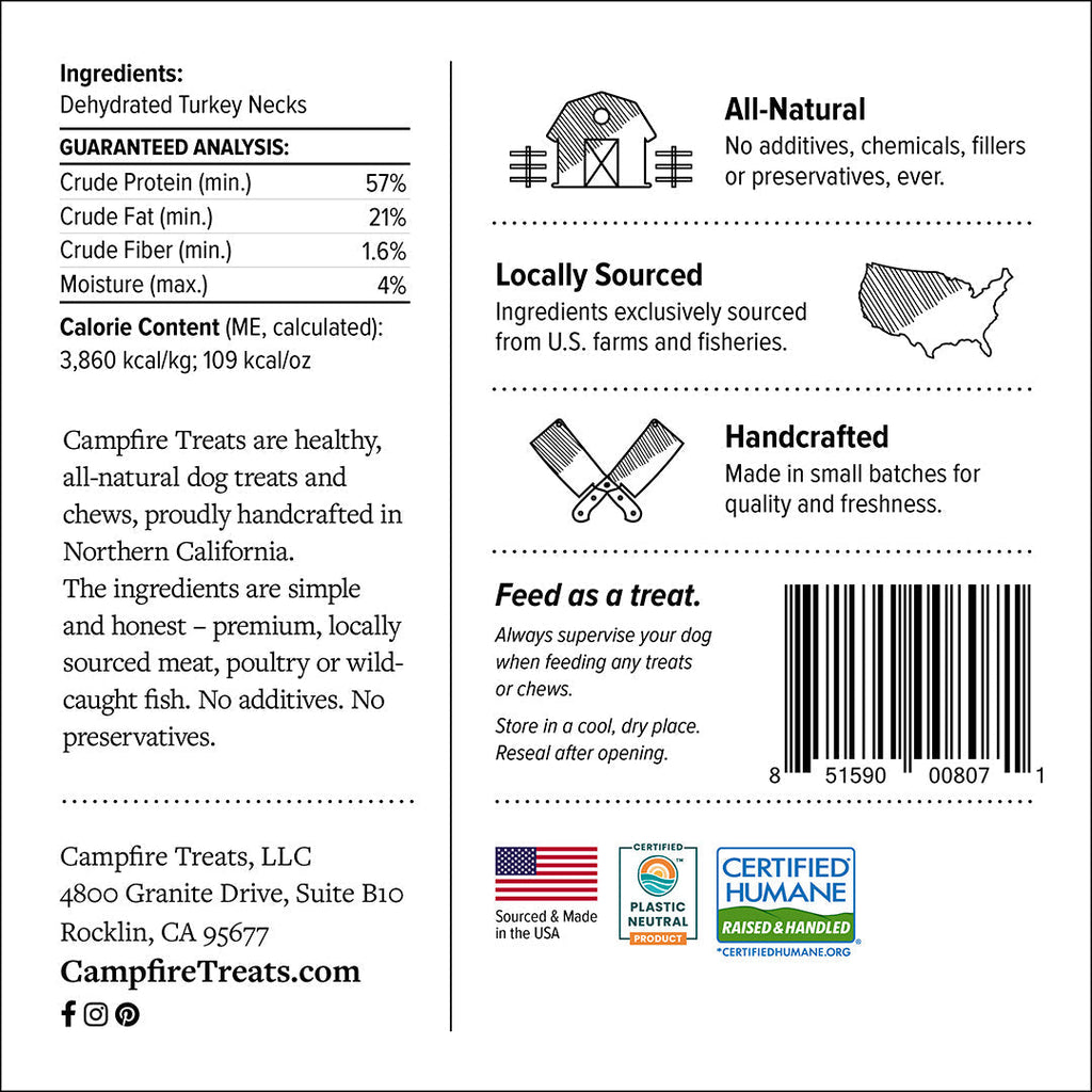A product label with nutritional information for turkey necks for dogs. The label indicates that the product is made and sourced in the USA, is plastic-neutral certified, and is farm animal welfare certified.