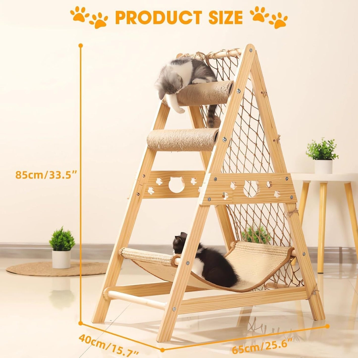 Cat Tree Triangle Cat Tower with Sisal Scratching Posts, Soft Hammock Bed & Hanging Feather Toys – Bamboo Stable Cat Climbing Tower for Indoor Cats, Kittens & Small Cats, Space-Saving Design
