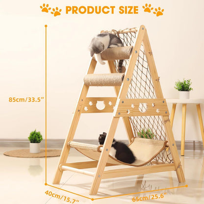 Cat Tree Triangle Cat Tower with Sisal Scratching Posts, Soft Hammock Bed & Hanging Feather Toys – Bamboo Stable Cat Climbing Tower for Indoor Cats, Kittens & Small Cats, Space-Saving Design