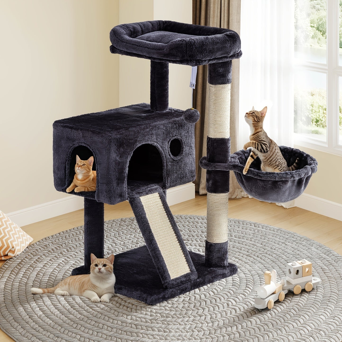 Cat Tree Tower Multi-Level for Indoor Cats - Cat Furniture with Sisal Scratching Posts, Plush Perches, Hammock, Basket & Corner Condo Cave, Hanging Toys & Climbing Ramp, Multiple Sizes & Colors