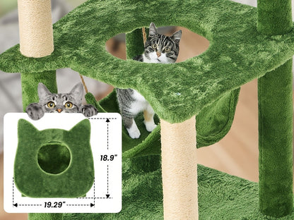 Cat Tree 55" Large Multi-Level Cat Tower for Indoor Cats with Green Leaves, Hammock, Sisal Scratching Posts & Hanging Ball Toy – Cat Furniture for Living Room