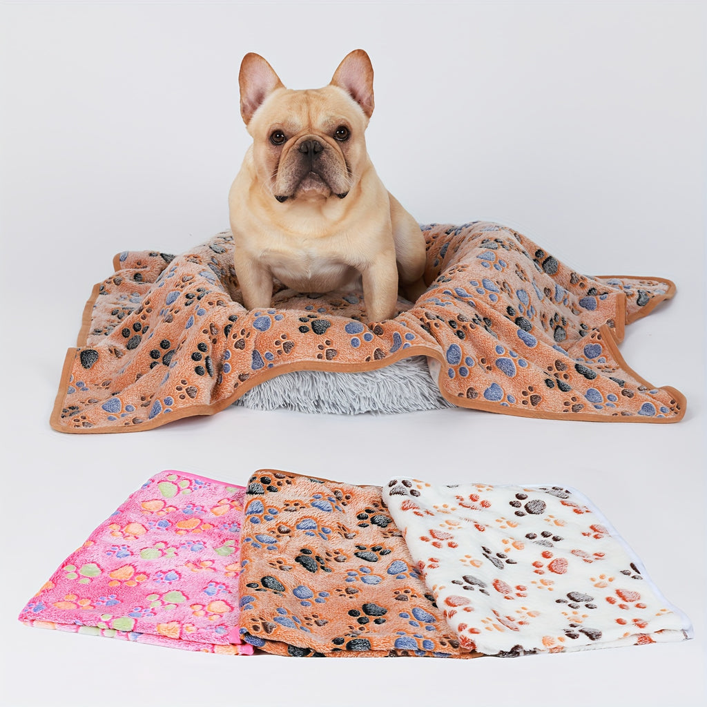 1 Pack 3 Blankets Super Soft Fluffy Premium Fleece Pet Blanket Flannel Throw for Dog Puppy Cat Paw Brown/Pink/White(Free Pet Drying Towel Included)