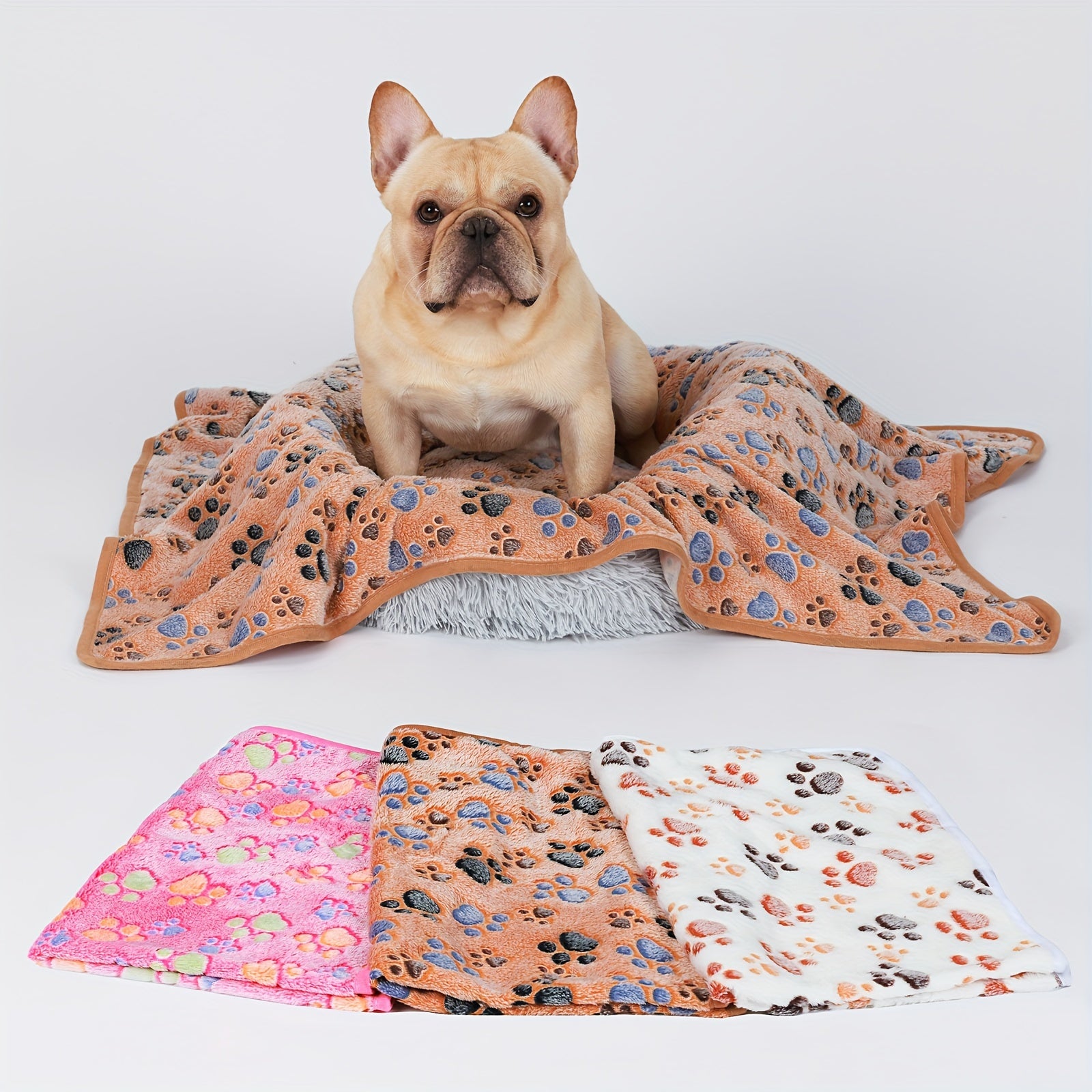 1 Pack 3 Blankets Super Soft Fluffy Premium Fleece Pet Blanket Flannel Throw for Dog Puppy Cat Paw Brown/Pink/White(Free Pet Drying Towel Included)