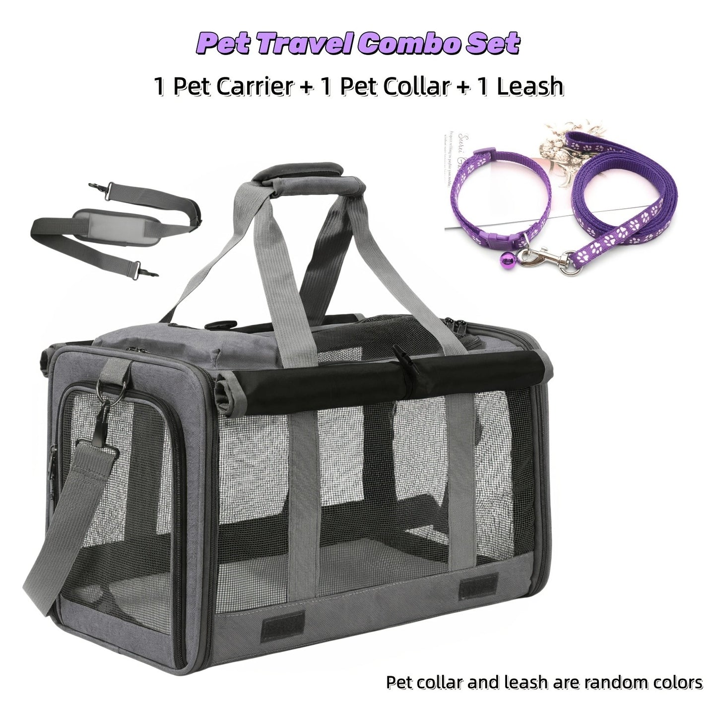 Airline Approved Pet Carrier Soft Sided Collapsible for Cats & Small Dogs - Breathable Oxford Cloth Travel Bag with Zipper Closure, Privacy Cover & Combo Set with Collar Leash Harness, Blue Pink Grey Green Beige
