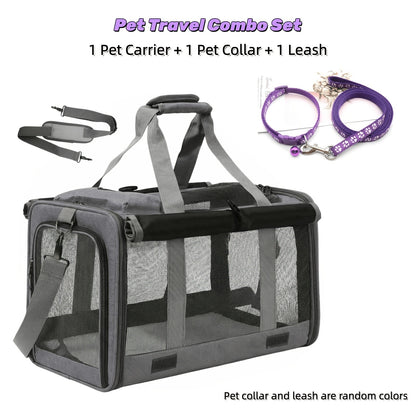Airline Approved Pet Carrier Soft Sided Collapsible for Cats & Small Dogs - Breathable Oxford Cloth Travel Bag with Zipper Closure, Privacy Cover & Combo Set with Collar Leash Harness, Blue Pink Grey Green Beige
