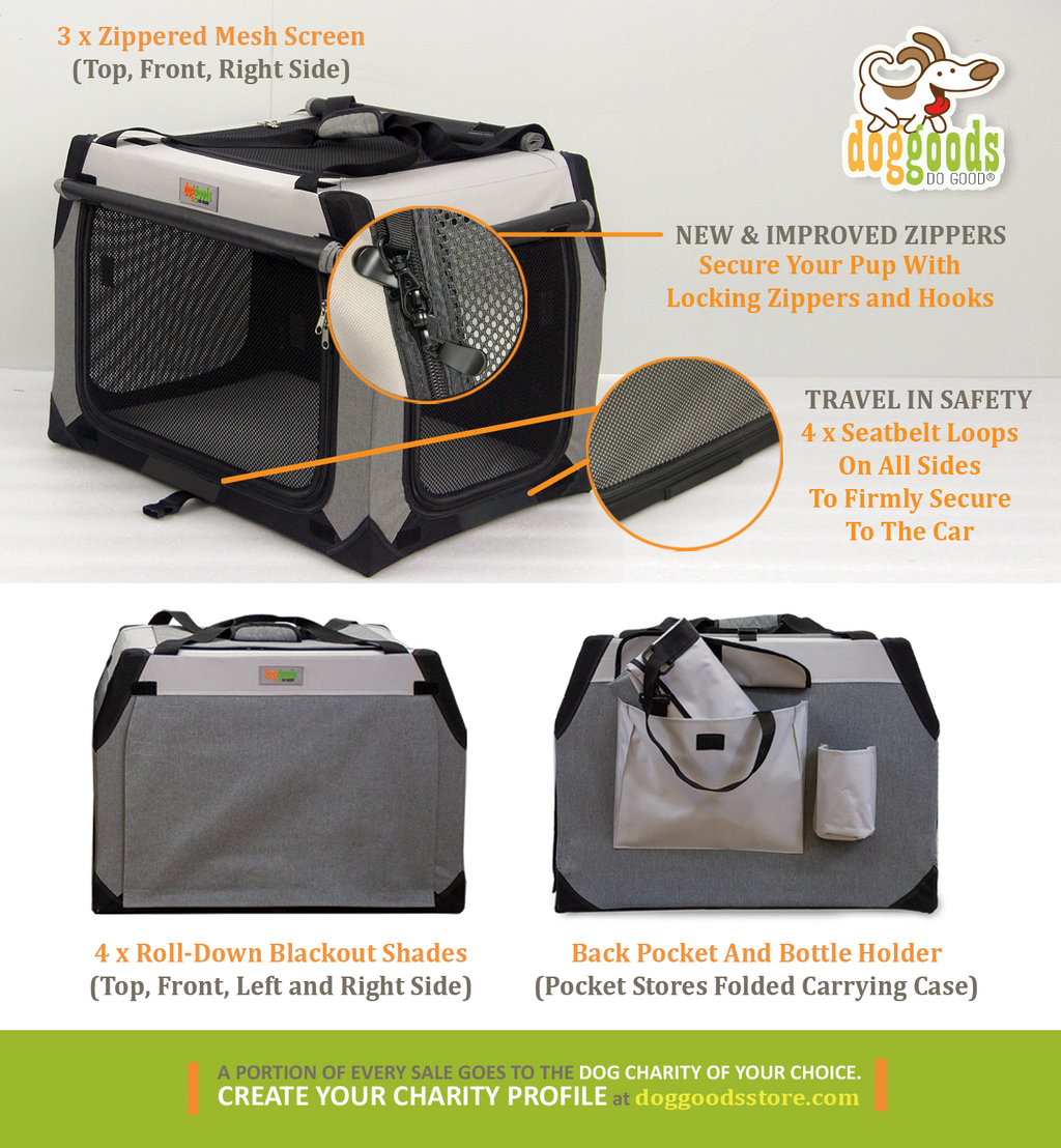 Soft-Sided Foldable Dog Crate with zippered mesh screens, locking zippers, seatbelt loops for safety, roll-down blackout shades, and a storage pocket with a bottle holder.