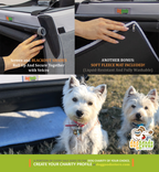 Dog crate with roll-up blackout shades secured by Velcro, includes a soft, liquid-resistant fleece mat. Two small white dogs resting beside the crate outdoors.