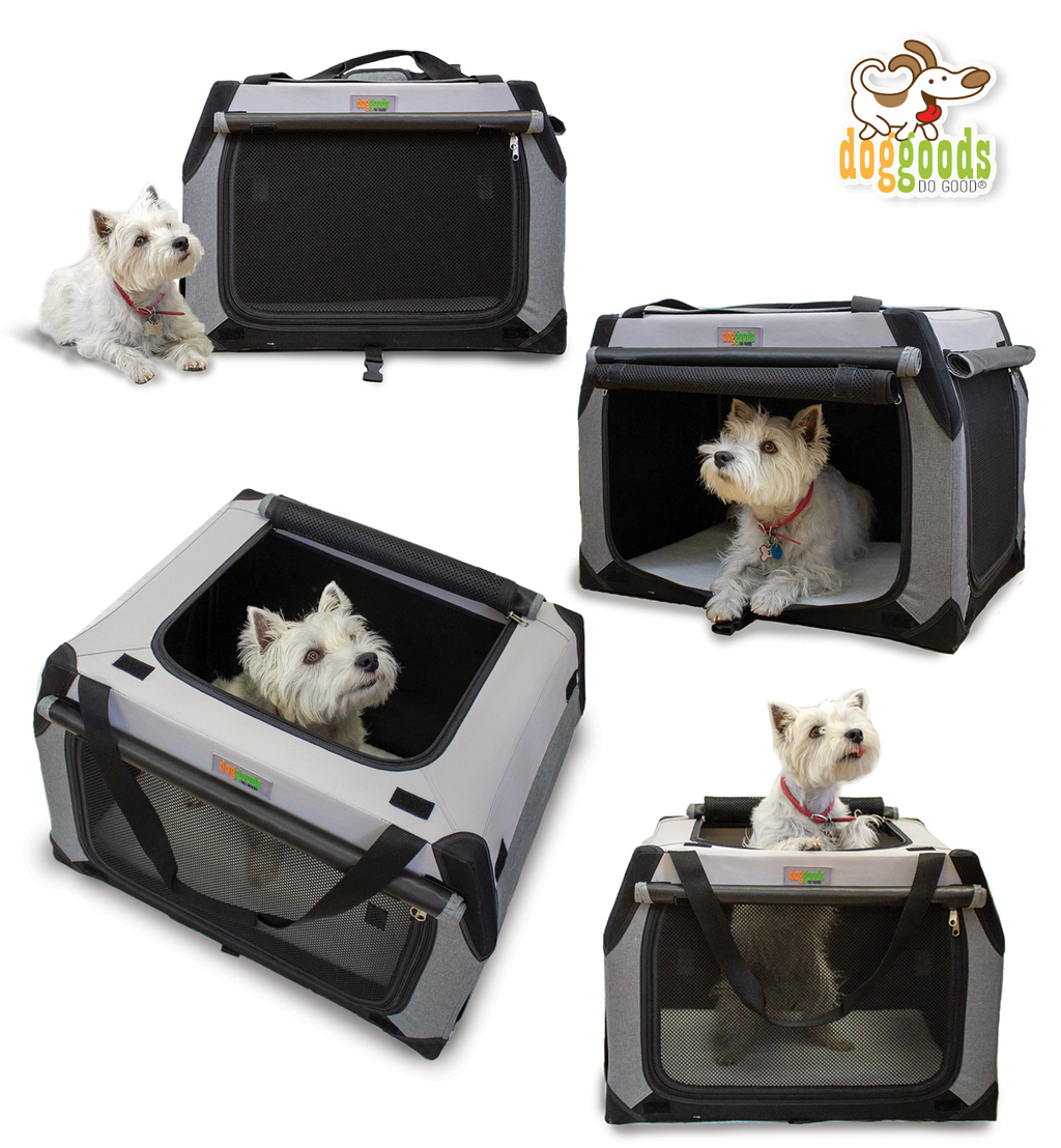 Foldable soft-sided dog crate with mesh ventilation, roll-up shades, and multiple entry points. Small white dog comfortably sitting inside and peeking out from different angles.