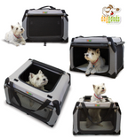 Foldable soft-sided dog crate with mesh ventilation, roll-up shades, and multiple entry points. Small white dog comfortably sitting inside and peeking out from different angles.