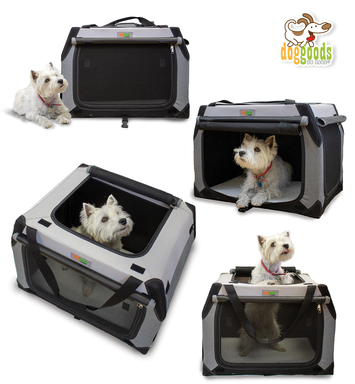 Foldable soft-sided dog crate with mesh ventilation, roll-up shades, and multiple entry points. Small white dog comfortably sitting inside and peeking out from different angles.