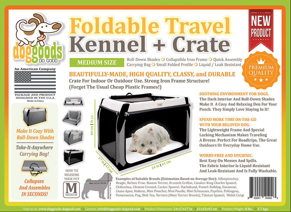 Foldable travel dog crate with a durable iron frame, roll-down shades, and a carrying bag. Lightweight, leak-resistant, and designed for indoor and outdoor use. Perfect for small to medium dog breeds.