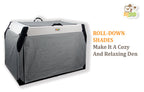 Foldable dog crate with roll-down shades for a cozy, private space. Designed for comfort and relaxation.