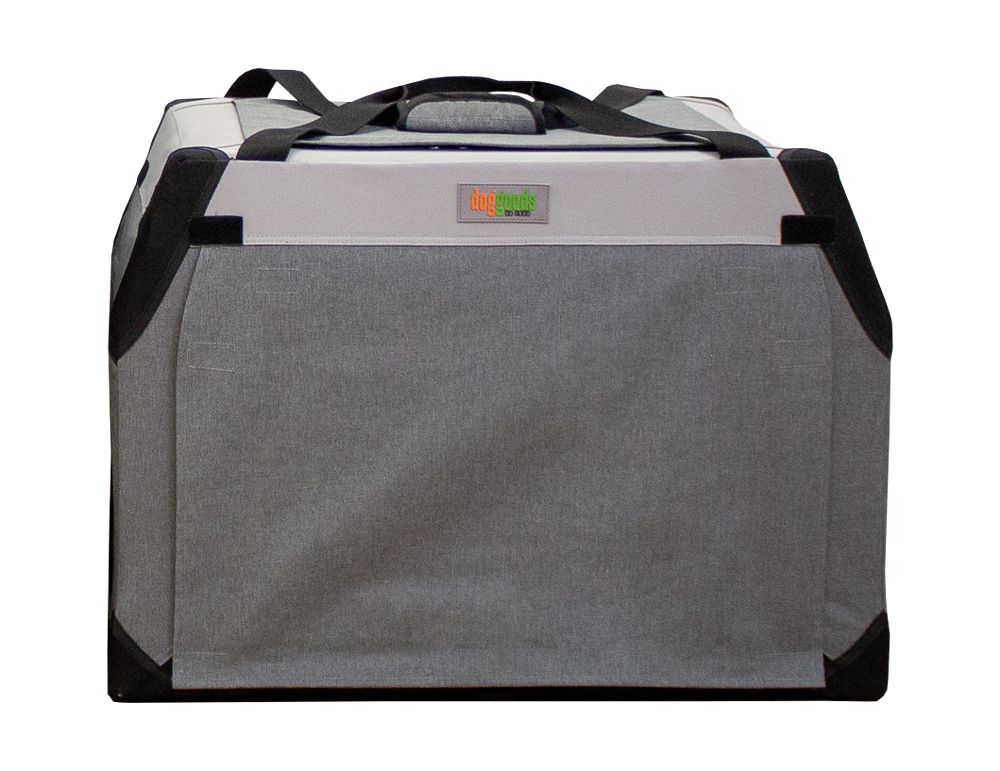 Foldable dog crate with roll-down blackout shades for privacy and comfort. Lightweight and portable design.