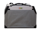 Foldable dog crate with roll-down blackout shades for privacy and comfort. Lightweight and portable design.