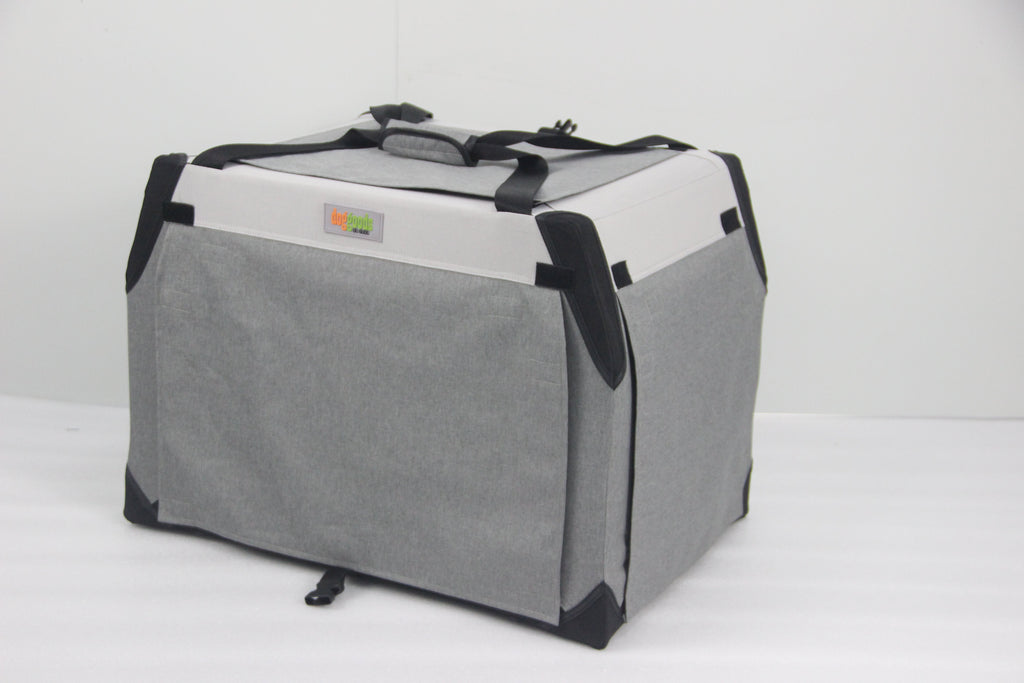 Foldable dog crate with roll-down blackout shades for privacy, sturdy handles for portability, and a durable design for travel or home use.