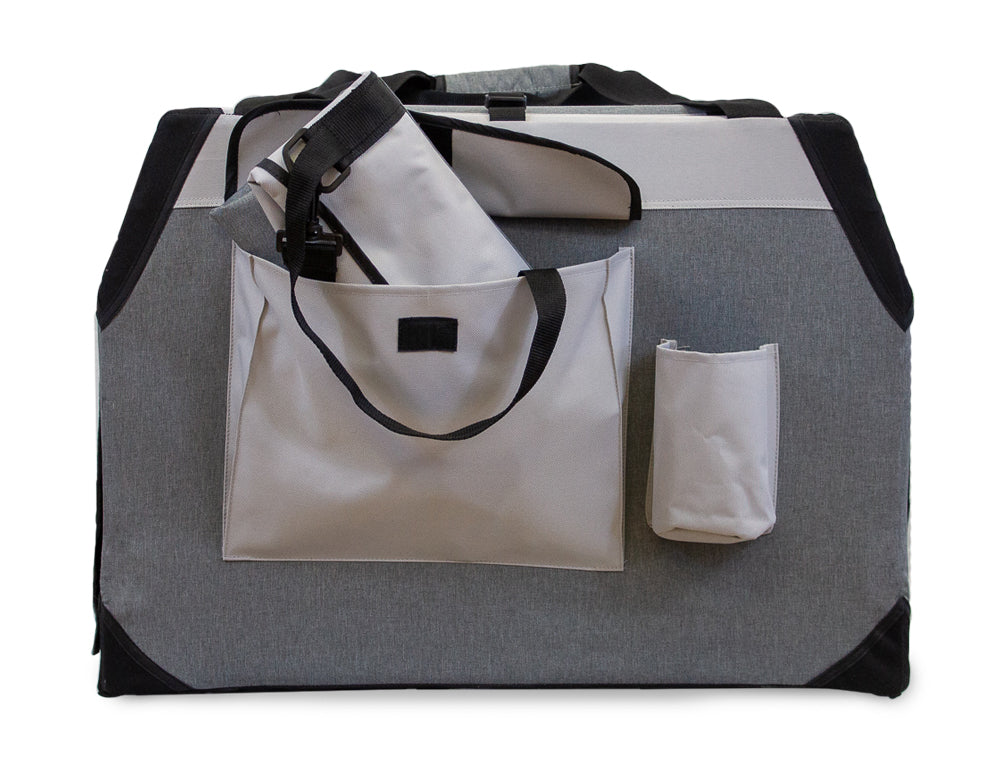 DogGoods foldable crate with a built-in back pocket for storage, a bottle holder, and a compact carrying case for easy transport.