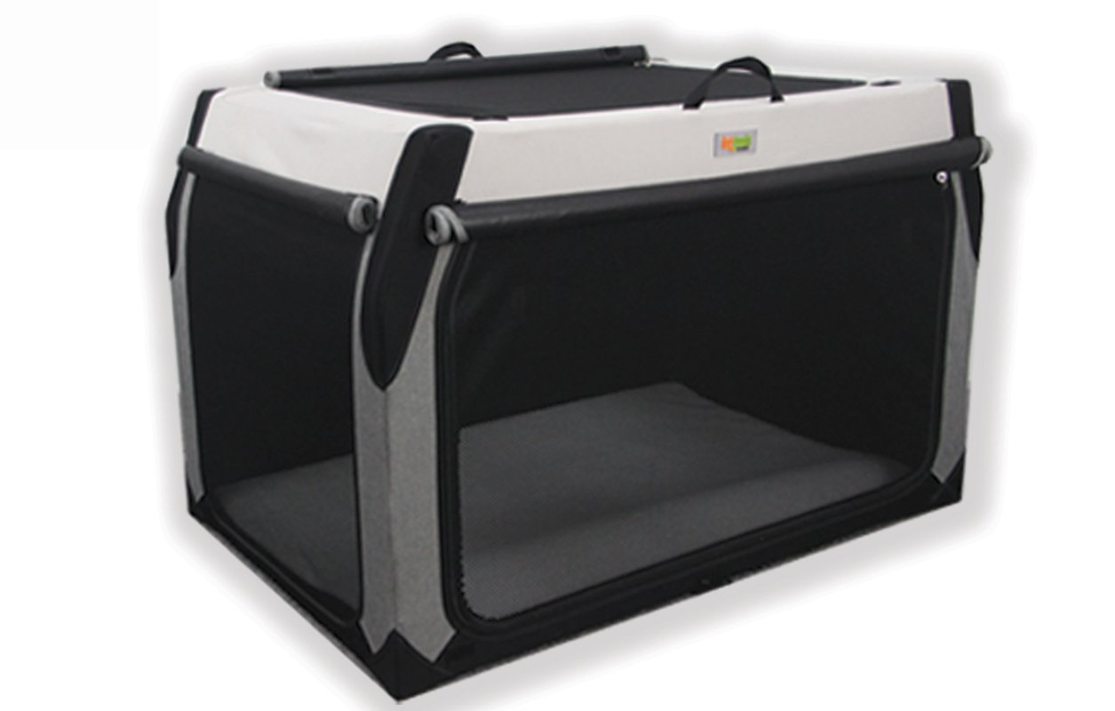 DogGoods foldable crate with mesh sides for ventilation, roll-up blackout shades for privacy, and a soft, cushioned mat for pet comfort. Lightweight and portable design.